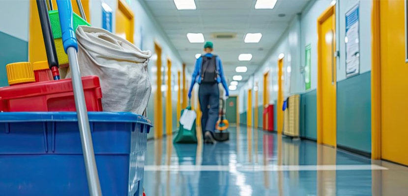 Personal de limpieza en pasillos de colegios