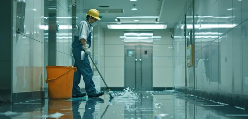Personal de aseo utiliza escoba con agua para la limpieza del piso
