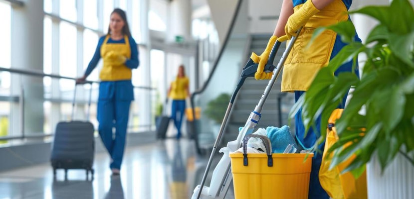 Mujer con balde y suministros de aseo en piso de centro comercial