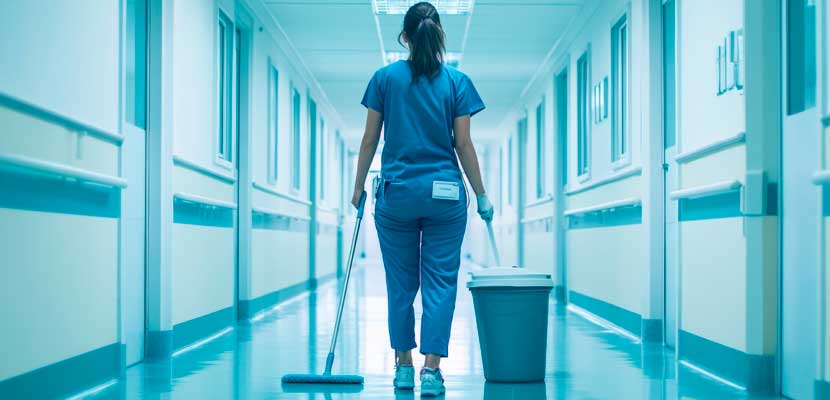 Experta de limpieza de Misión Servir mostrando la diferencia entre limpieza y desinfección en centro de salud