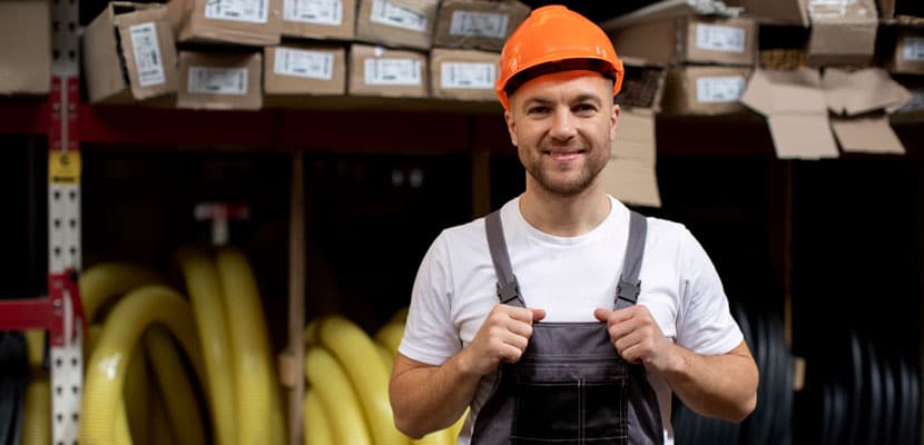 Trabajador feliz disfrutando la limpieza profesional en bodegas de almacenamiento con Misión Servir
