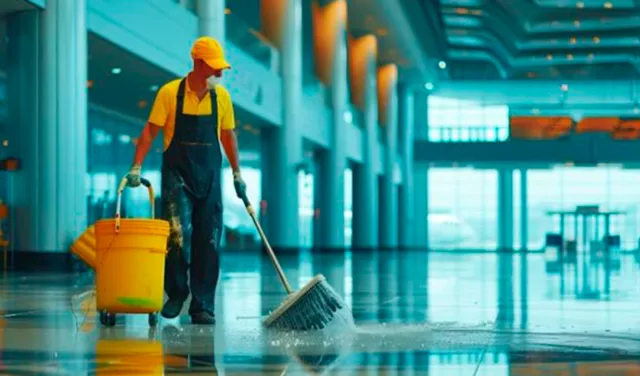 Empleado de servicio de aseo hace limpieza de pisos de centro comercial